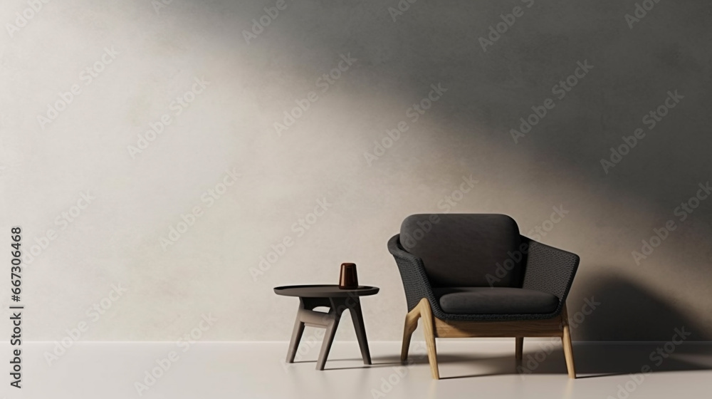 Fototapeta premium A chair and coffee table with simple decoration against a plain color wall. Copy space setting out and minimalist style,