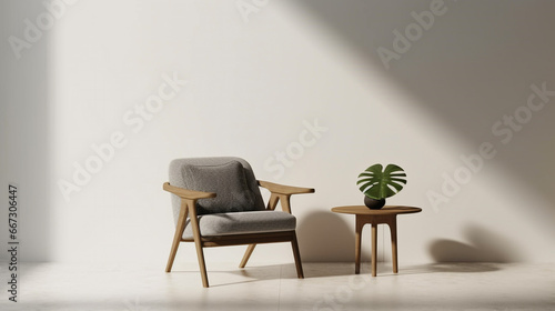  A chair and coffee table with simple decoration against a plain color wall. Copy space setting out and minimalist style 