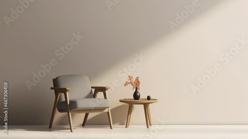  A chair and coffee table with simple decoration against a plain color wall. Copy space setting out and minimalist style, © Aisyaqilumar