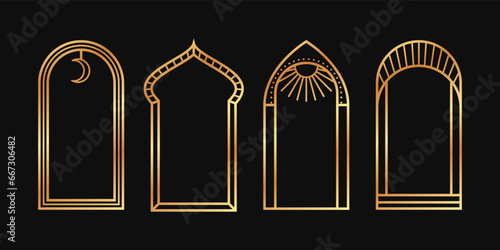 Linear decorative boho arch in gold color. Art Deco vector bohemian frames set on black