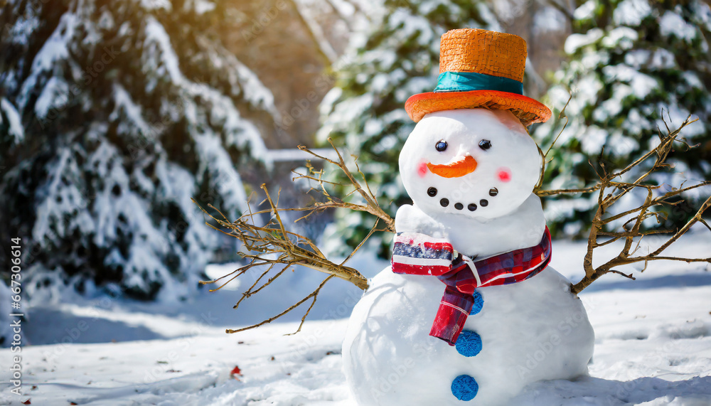 funny smiling snowman in winter outdoor