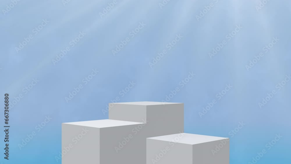 White podium with light beams and smoke on blue background. White podium with light beams and smoke on blue background.
