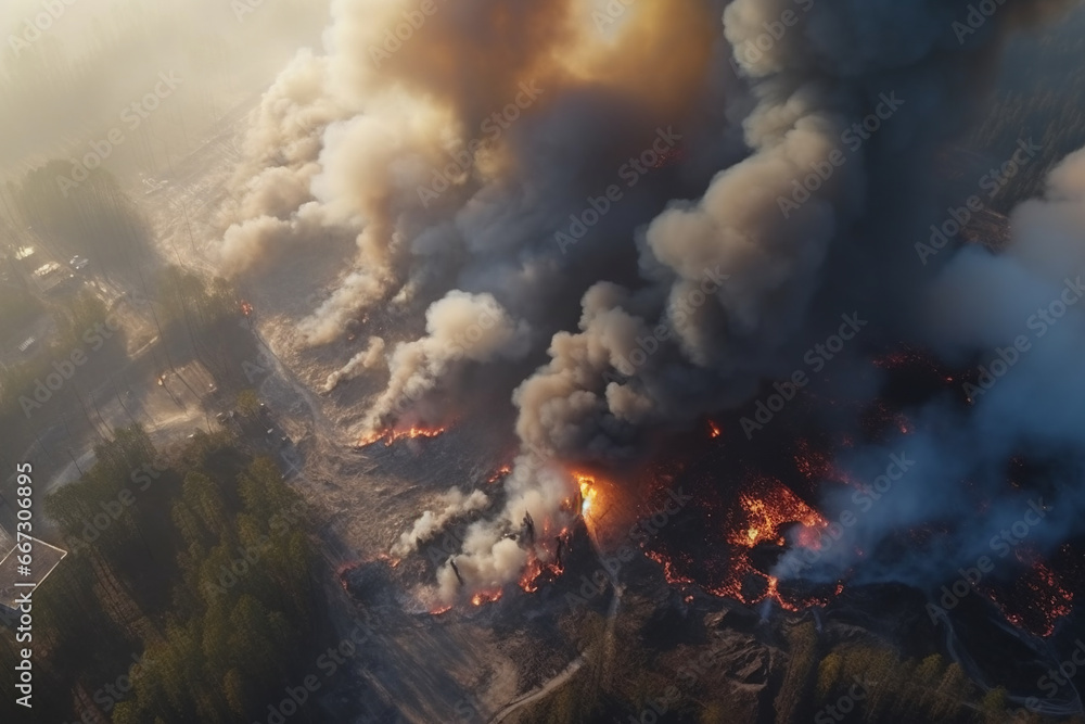 Forest fire in progress. Fire. Large flames. a threat to our environment. Aerial view of massive wildfire or forest fire with burning trees and orange smoke. Generative AI.