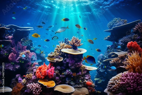 Colorful underwater coral reef with exotic fish. Generative AI © Rowen