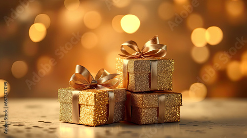 Golden shiny gift boxes tied with ribbons on sparkling glitter blurry bokeh background