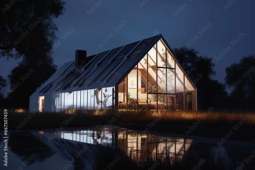 Obraz premium Discover the beauty of a contemporary single-roof house embraced by nature. A modern retreat in a peaceful natural landscape Created with generative AI tools.