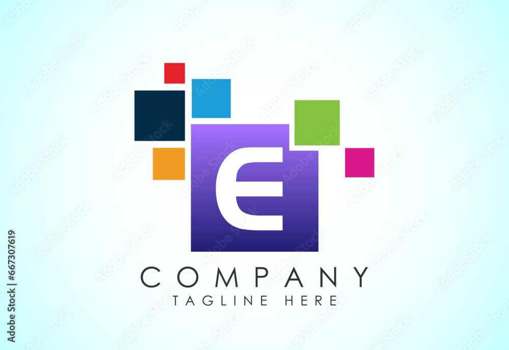 Obraz premium English alphabet E with data pixel. Creative technological modern data pixel logo