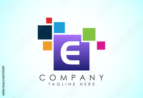 English alphabet E with data pixel. Creative technological modern data pixel logo