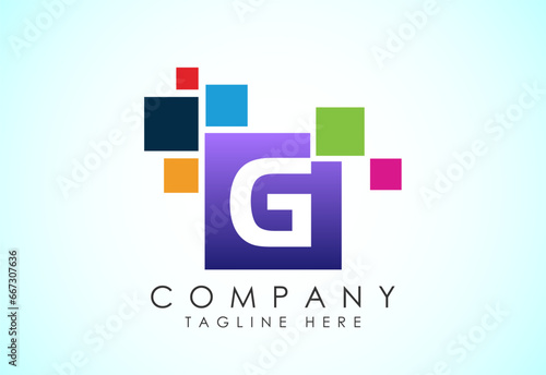 English alphabet G with data pixel. Creative technological modern data pixel logo