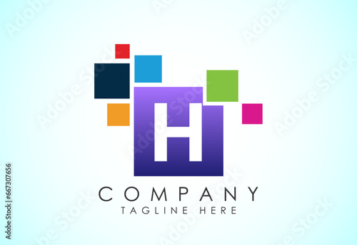 English alphabet H with data pixel. Creative technological modern data pixel logo