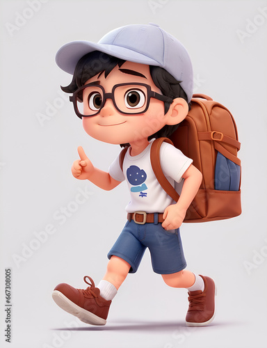 Little Boy with backpack walking on the white background.
