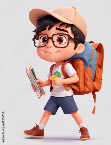Little Boy with backpack walking on the white background.