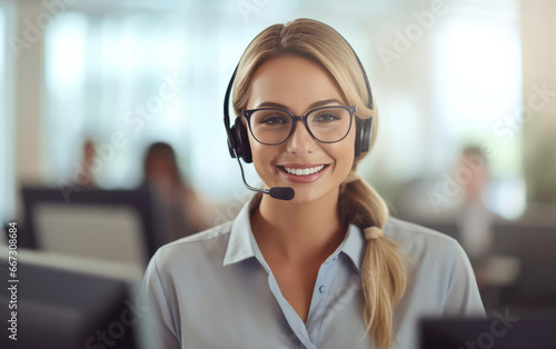 A professional woman dressed in an elegant suit working as a call center manager