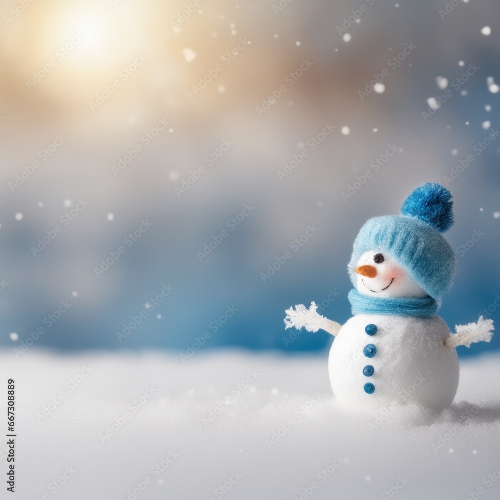 Cute snowman wearing blue scarf on a snowy area and bokeh light background