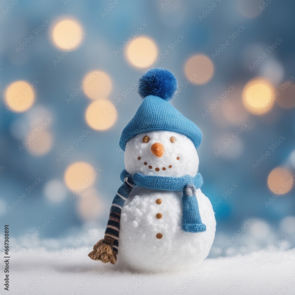 Fototapeta premium Cute snowman wearing blue scarf on a snowy area and bokeh light background