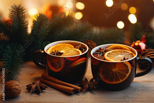 Cup of mulled wine (hot spiced wine, hot wine punch) photo