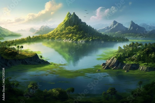 Idyllic scenery of a lush island  verdant forests  tranquil lake and majestic sunrise. Generative AI