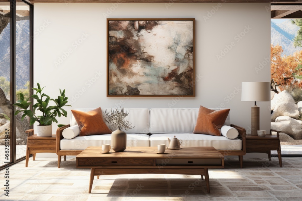 Wooden Coffee Table, White Fabric Sofa, Ottoman Chair, Large Art Poster Frame, Home Interior Design, Classic and Contemporary Blend, Past and Present Aesthetics - Mid-Century Modern Living Room Wooden Coffee Table, White Fabric Sofa, Ottoman Chair, Large Art Poster Frame, Home Interior Design, Classic and Contemporary Blend, Past and Present Aesthetics - Mid-Century Modern Living Room