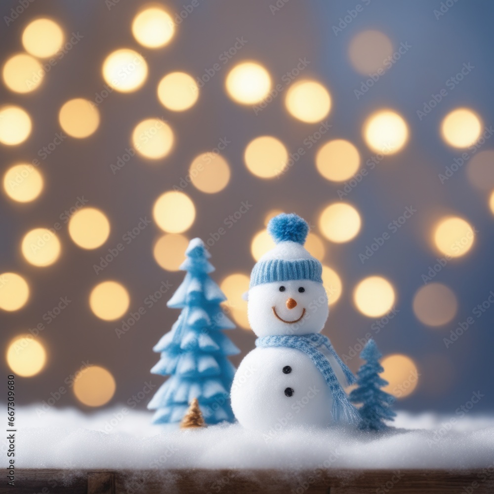 Obraz premium Cute snowman wearing blue scarf on a snowy area and bokeh light background