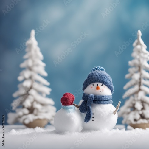 Cute snowman wearing blue scarf on a snowy area and bokeh light background © shaadjutt36