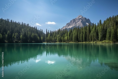 Peaceful lake encircled by forests and crowned by a majestic alpine peak. Generative AI