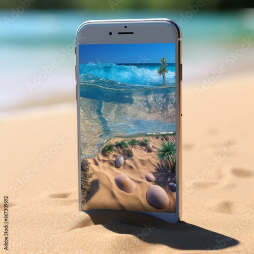 Experience breathtaking 3D effects on mobile phone while gazing at a tranquil tropical beach  where the beauty of nature comes to life in stunning realism.