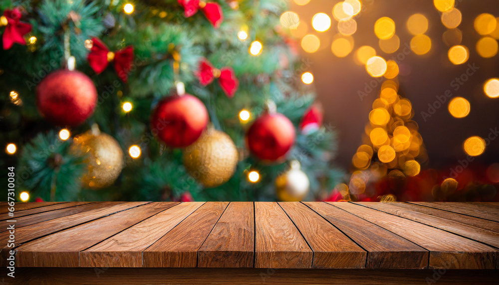 empty wooden table with christmas theme in background