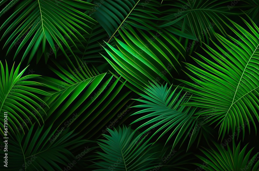 Background of green palm leaves on a black background.
