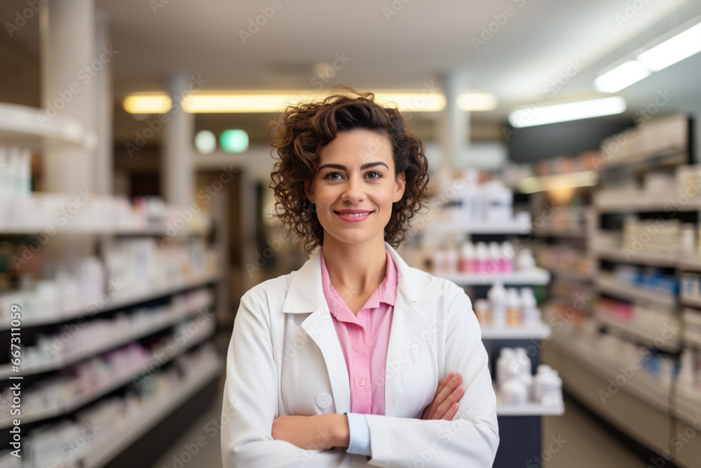 Fototapeta premium Health care concept. Portrait of smiling friendly European female professional pharmacist in pink shirt in lab white coat standing in pharmacy shop or drugstore in front of shelf with medicines