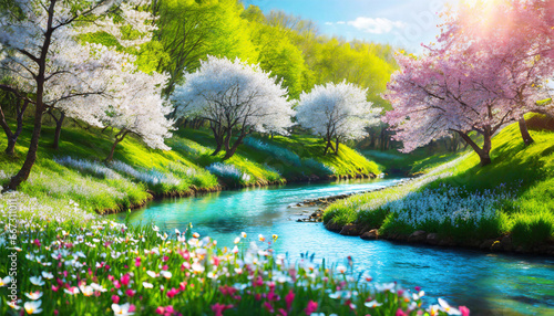 blooming spring forest and river ai generative