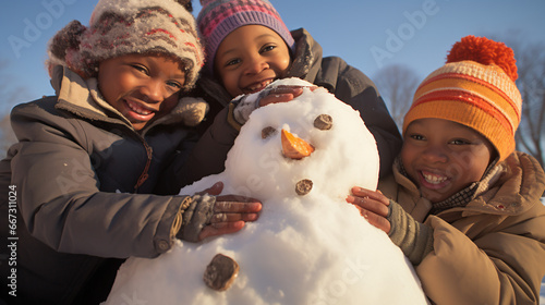 Children building snowman in park with big snow blanket 