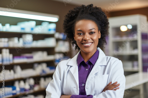 Smiling African American friendly female woman professional pharmacist with arms crossed in lab white coat standing in pharmacy shop or drugstore in front of shelf with medicines. Health care concept.