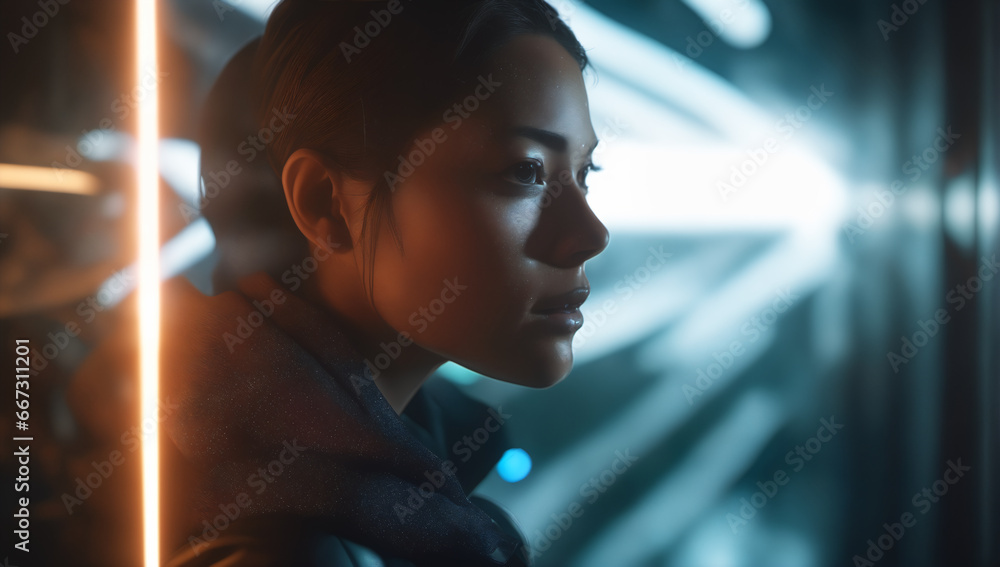 A young woman in a cinematic sci-fi setting with anamorphic flares, warm and cold tones, and movie-inspired lighting. A young woman in a cinematic sci-fi setting with anamorphic flares, warm and cold tones, and movie-inspired lighting.