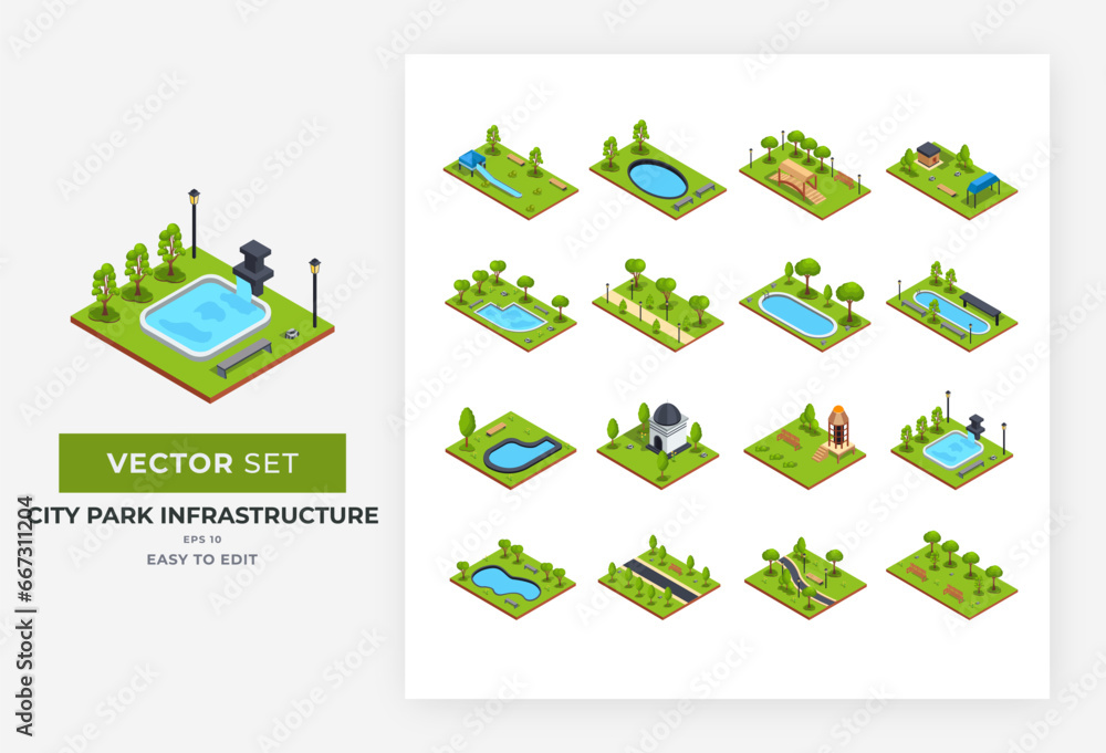 City park infrastructure isometric set elements. Collection of vector modern urban futuristic city park infrastructure buildings of creative shapes and green plants isolated. Color Editable Eps 10 - obrazy, fototapety, plakaty 