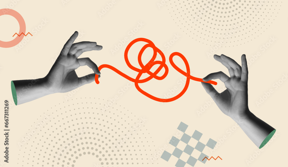 Hands working together to untangle red rope in retro 90s collage vector style - obrazy, fototapety, plakaty 