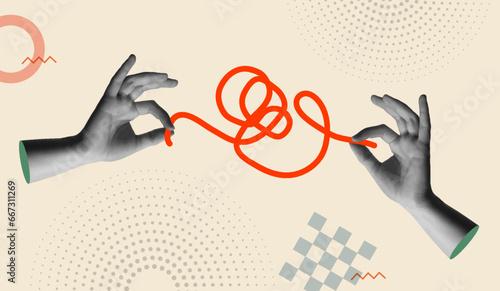 Hands working together to untangle red rope in retro 90s collage vector style