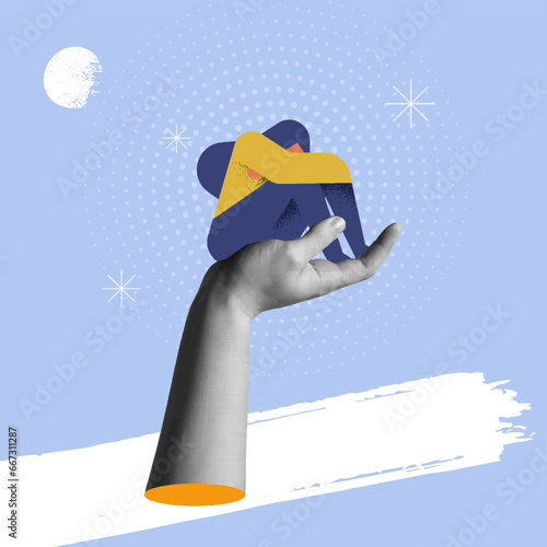 Hand with woman in sad mood, depression or mental problems in retro collage vector style