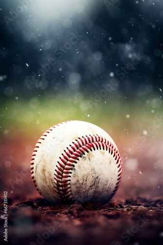 A baseball awaits the bat's impact on a field. Baseball in close-up from a timeless sports narrative. Baseball sewn in familiar pattern.