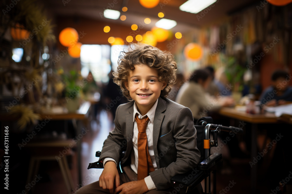 Lifestyle of special child, life in the education elementary school age, happy disability kid friend concept. Disabled teenager male in wheelchair looking at camera smiling Lifestyle of special child, life in the education elementary school age, happy disability kid friend concept. Disabled teenager male in wheelchair looking at camera smiling