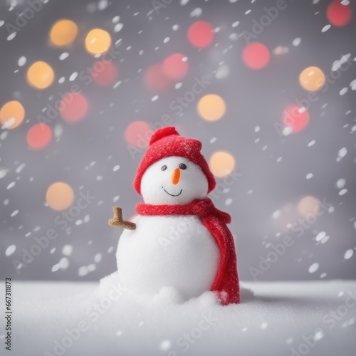 Cute snowman wearing red scarf on a snowy area and bokeh light background