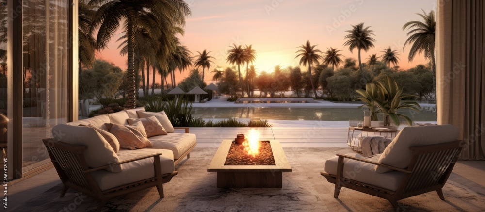 Fototapeta premium Artificial Intelligence rendering of a spacious terrace with armchairs palm trees and a large fireplace illuminated by the evening sun in the yard