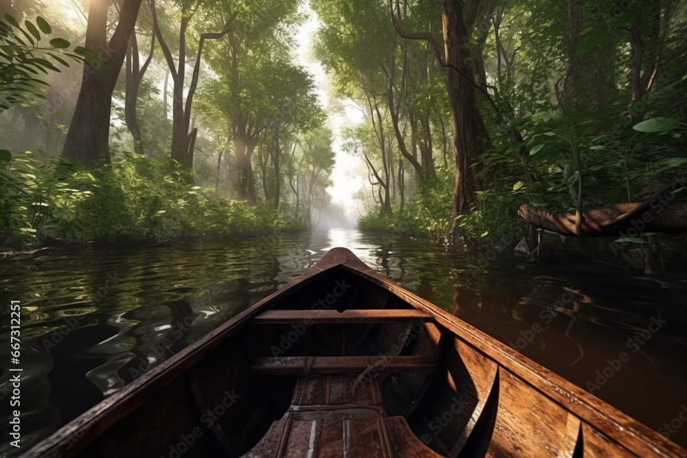 Sailing in a boat through the flooded forest in Amazon. View from the boat at Amazon river, with a dense forest on the shore and blue sky. POV wooden boat. Generative AI Sailing in a boat through the flooded forest in Amazon. View from the boat at Amazon river, with a dense forest on the shore and blue sky. POV wooden boat. Generative AI