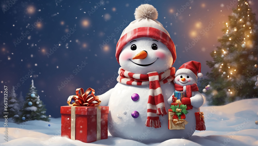 cute snowman with gifts for a happy Christmas and New Year festival wallpaper with a snowman with a gift