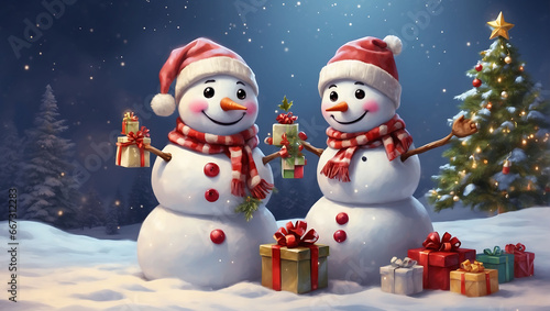 cute snowman with gifts for a happy Christmas and New Year festival wallpaper with a snowman with a gift © yahya