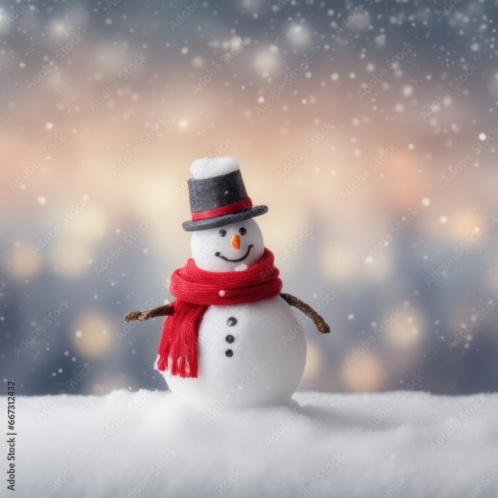 Cute snowman wearing red scarf on a snowy area and bokeh light background