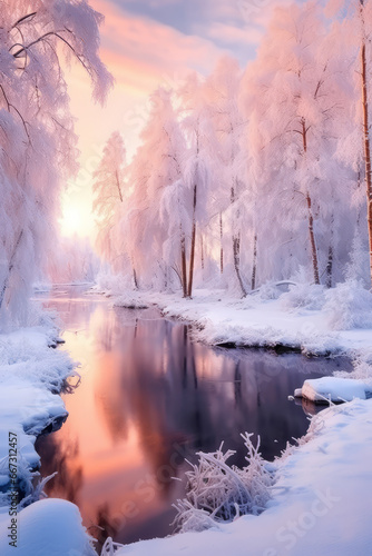 Beautiful winter landscape, covered trees, iced river © Guido Amrein