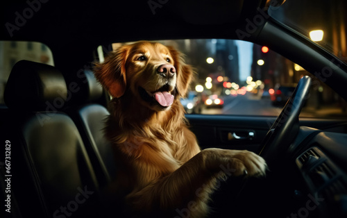 A golden retriever sits in a car behind the wheel.  AI generation © Iaroslava