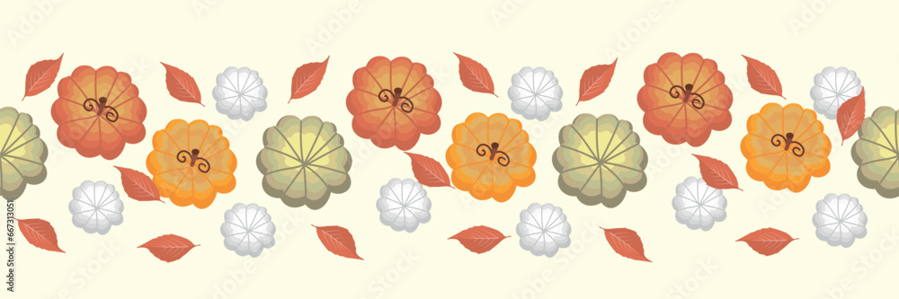 Many pumpkins and autumn leaves on beige background, top view