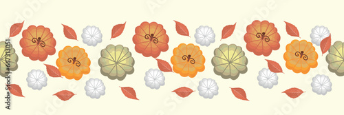 Many pumpkins and autumn leaves on beige background, top view