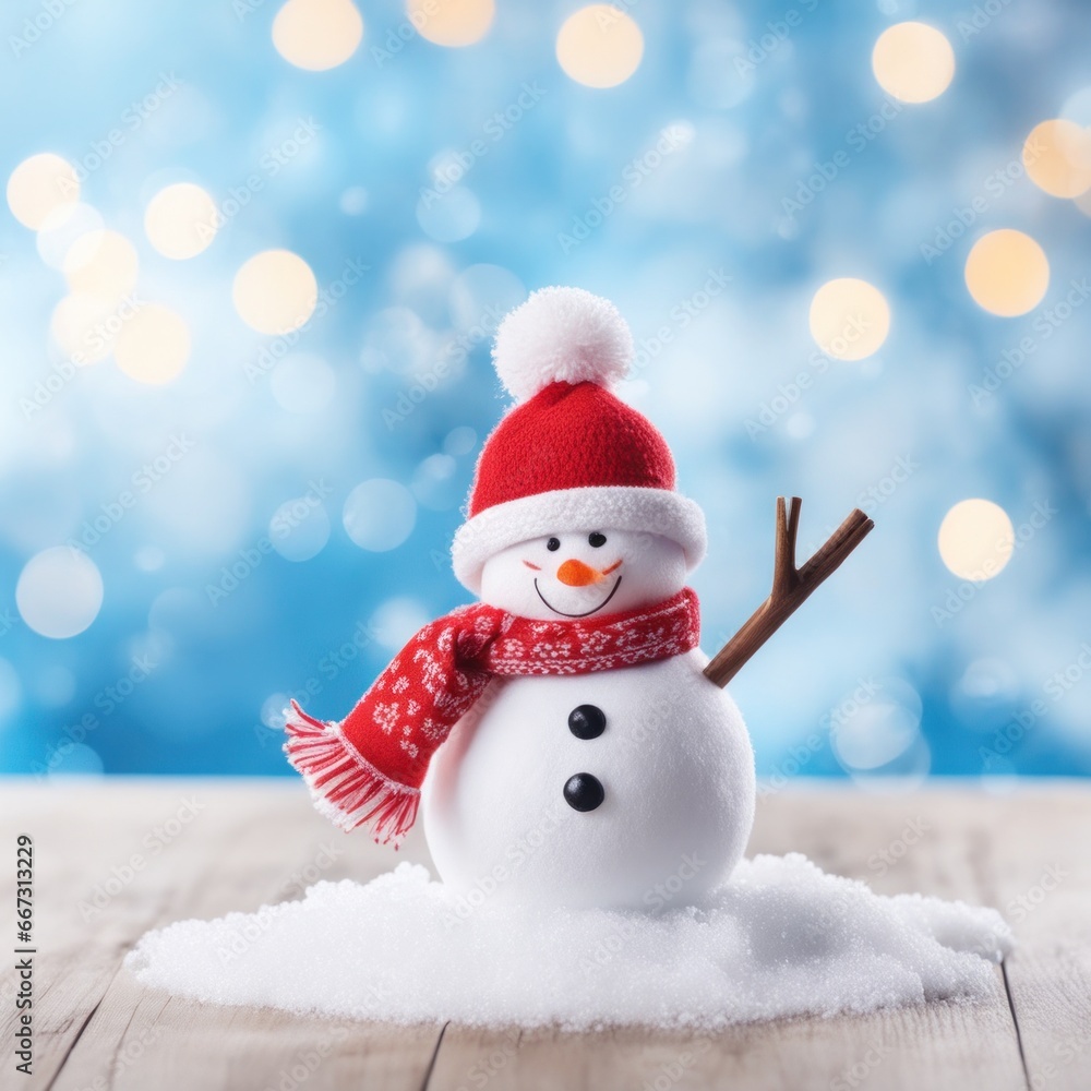 Fototapeta premium Cute snowman wearing red scarf on a snowy area and bokeh light background